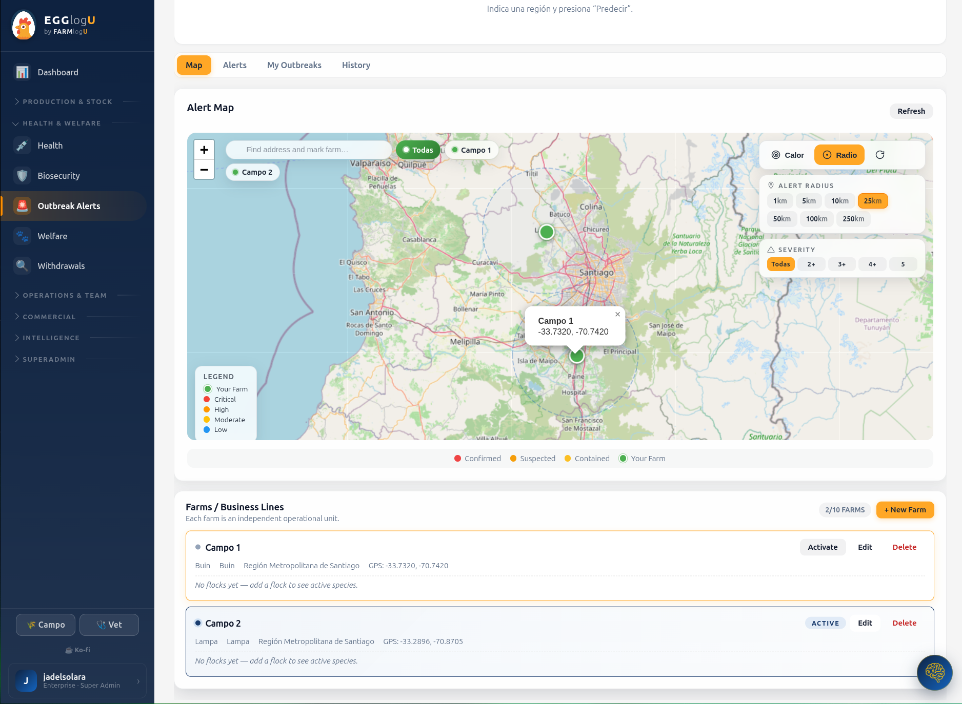 Módulo Alertas de brote — mapa georreferenciado con radio de alerta configurable y niveles de severidad